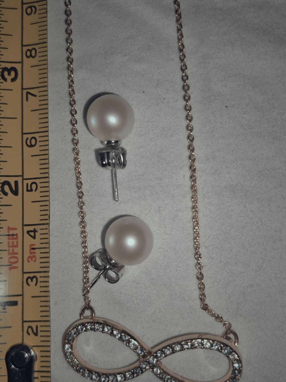 Rose Gold Infinity Pendant Necklace with Pearl Stud Earrings